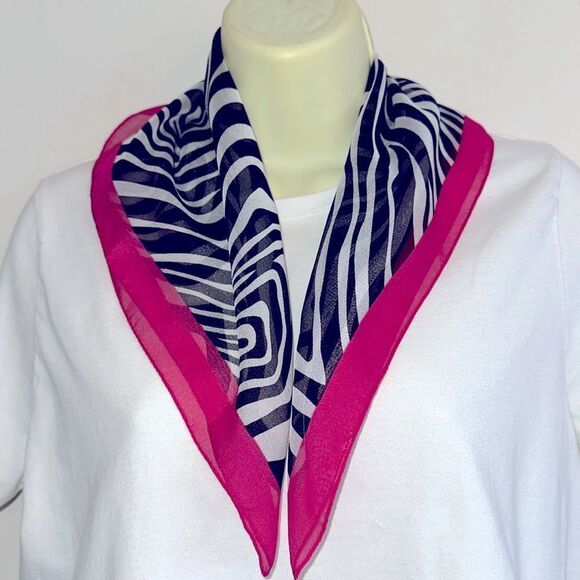 Black & white zebra print semi sheer square scarf with bright pink border - Picture 1 of 5